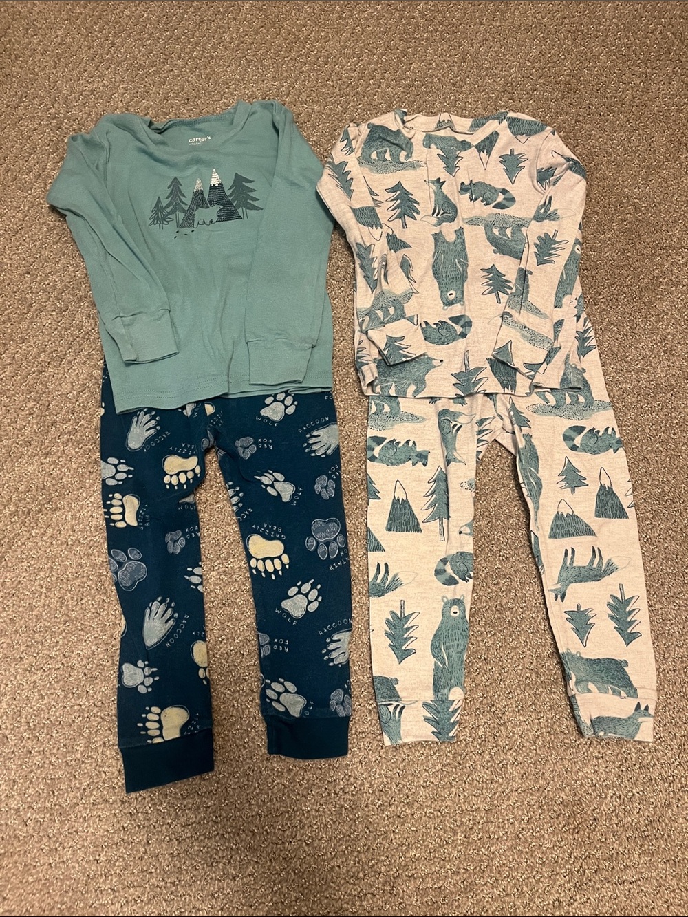 Carters toddler Long Sleeve Pajama Sets Teal Green and Navy Bear & Paw Print